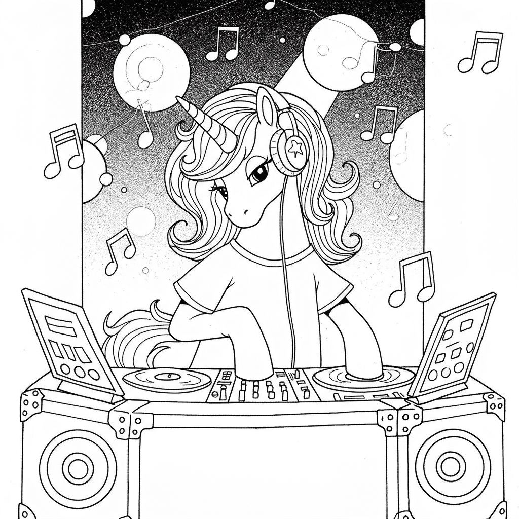 A Unicorn DJ Spinning Records at a Dance Party - Free printable coloring page by Samira | Colori.io