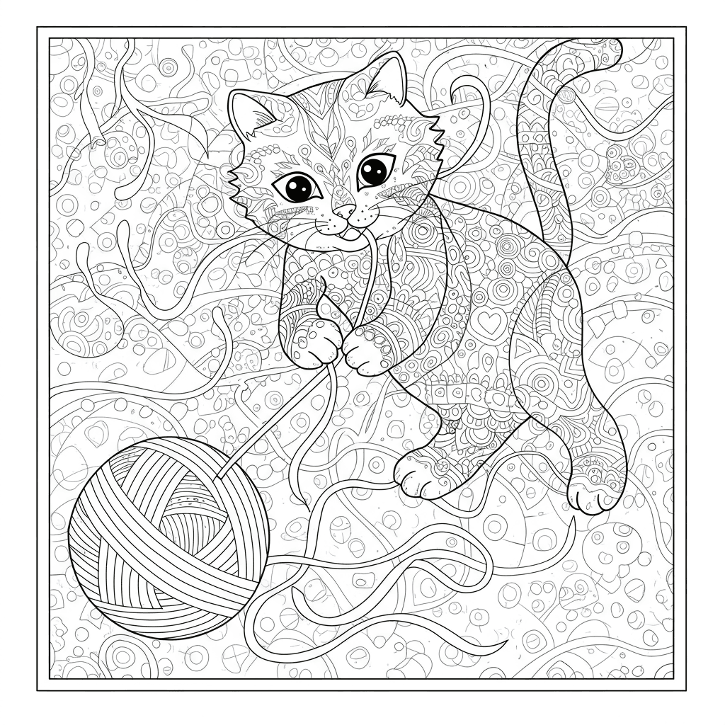 A cat playing with a ball of yarn - Free printable coloring page | Colori.io