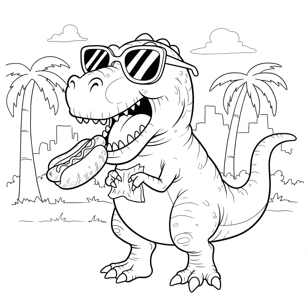 A T-Rex Wearing Sunglasses and Eating a Hot Dog - Free printable coloring page by Emma | Colori.io